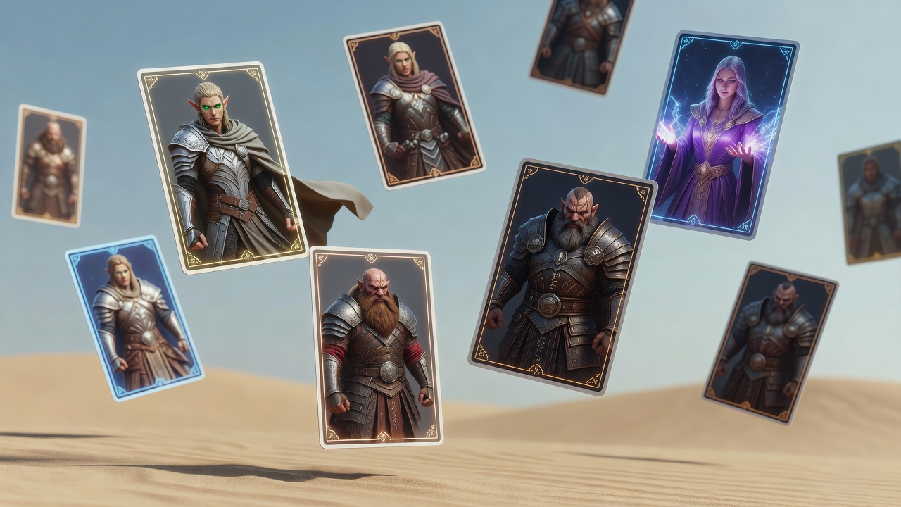 Collectible RPG character cards floating